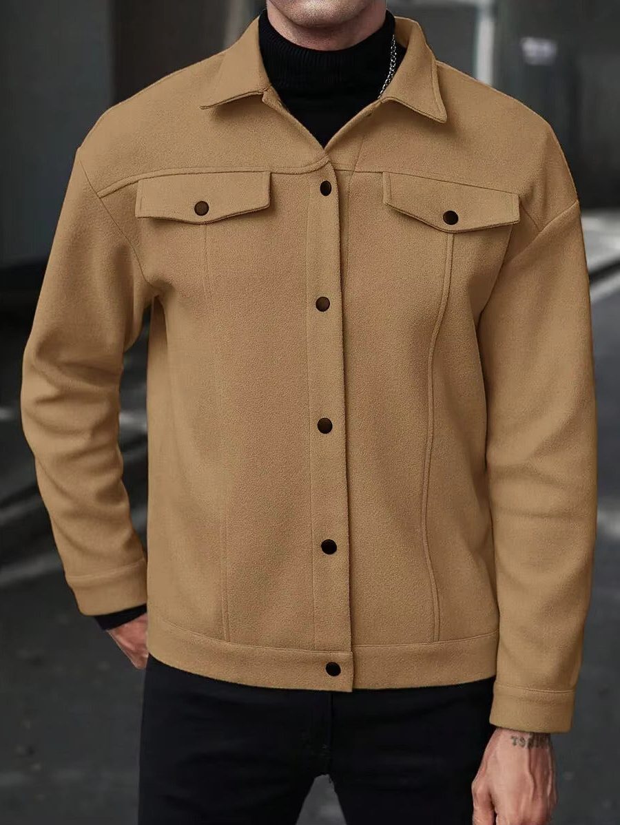 Wool Button-Up Jacket with Welt Pockets for Men