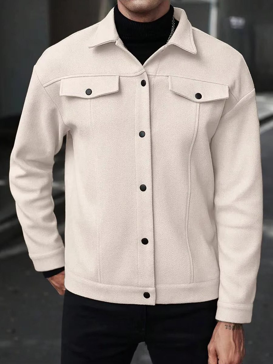 Wool Button-Up Jacket with Welt Pockets for Men
