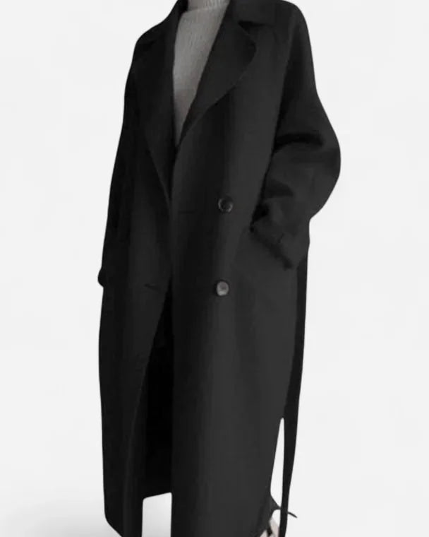 Wool Coat – Black Belted Double-Breasted