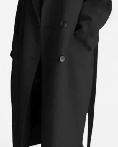 Wool Coat – Black Belted Double-Breasted