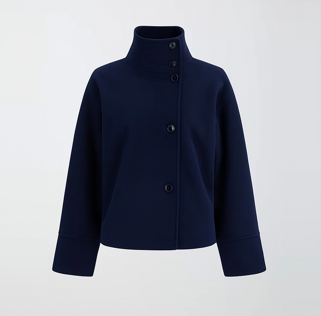 Wool Jacket with High Stand Collar and Button Closure