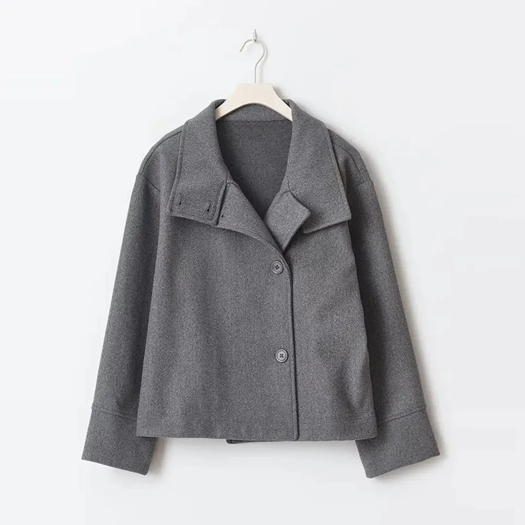 Wool Jacket with High Stand Collar and Button Closure