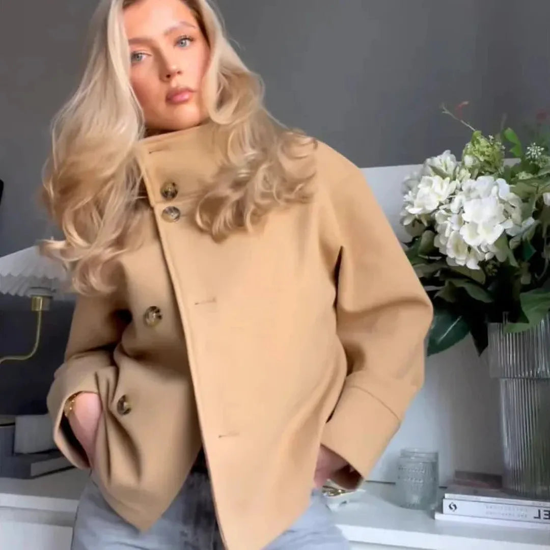 Wool Jacket with High Stand Collar and Button Closure