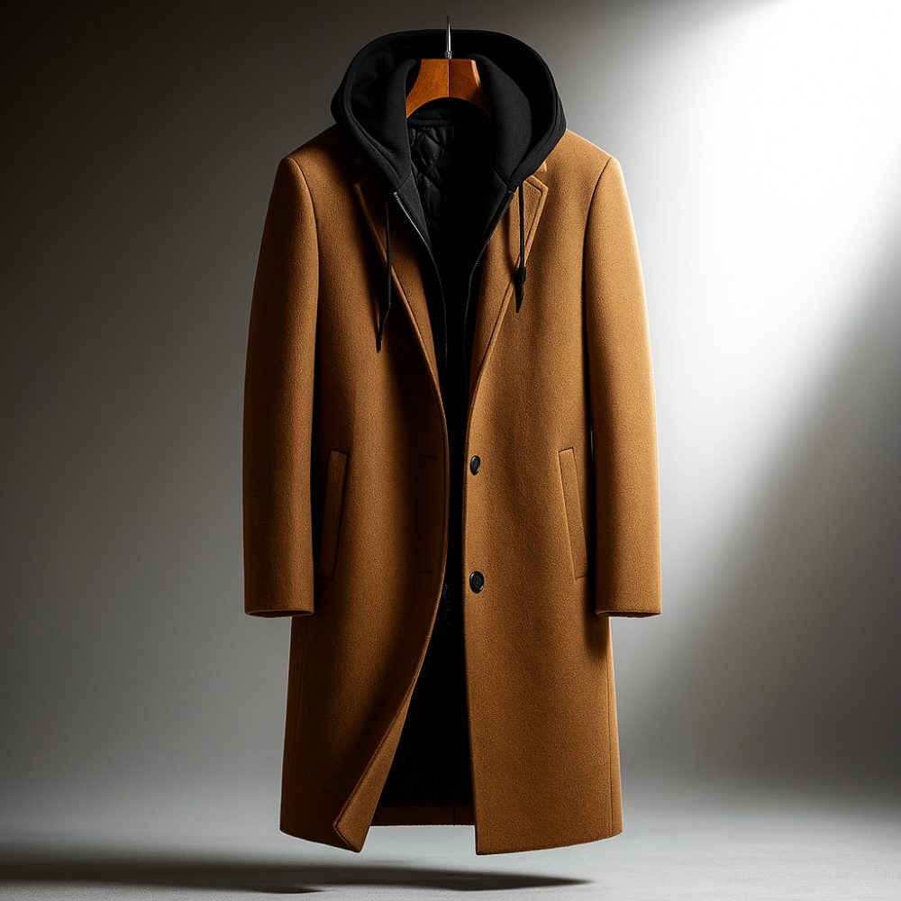 Wool Overcoat with Hood and Full-Zip for Men