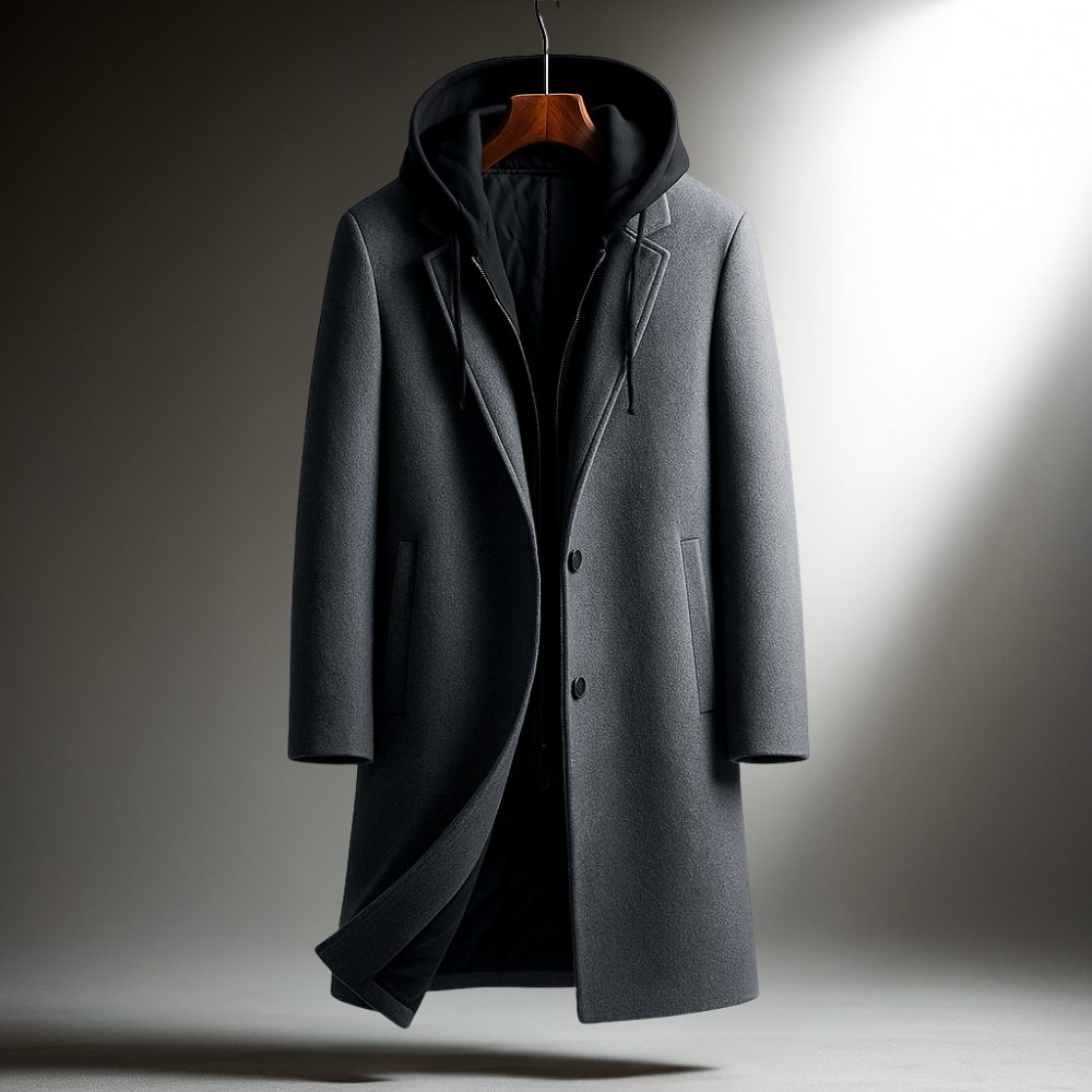 Wool Overcoat with Hood and Full-Zip for Men