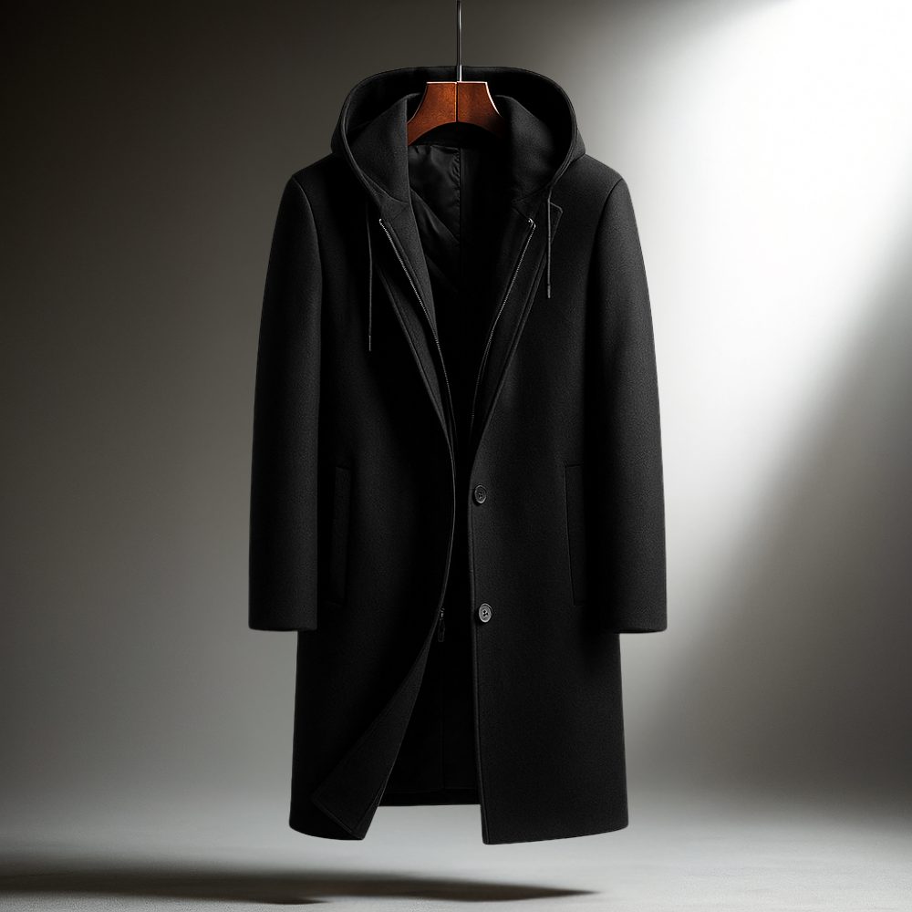 Wool Overcoat with Hood and Full-Zip for Men