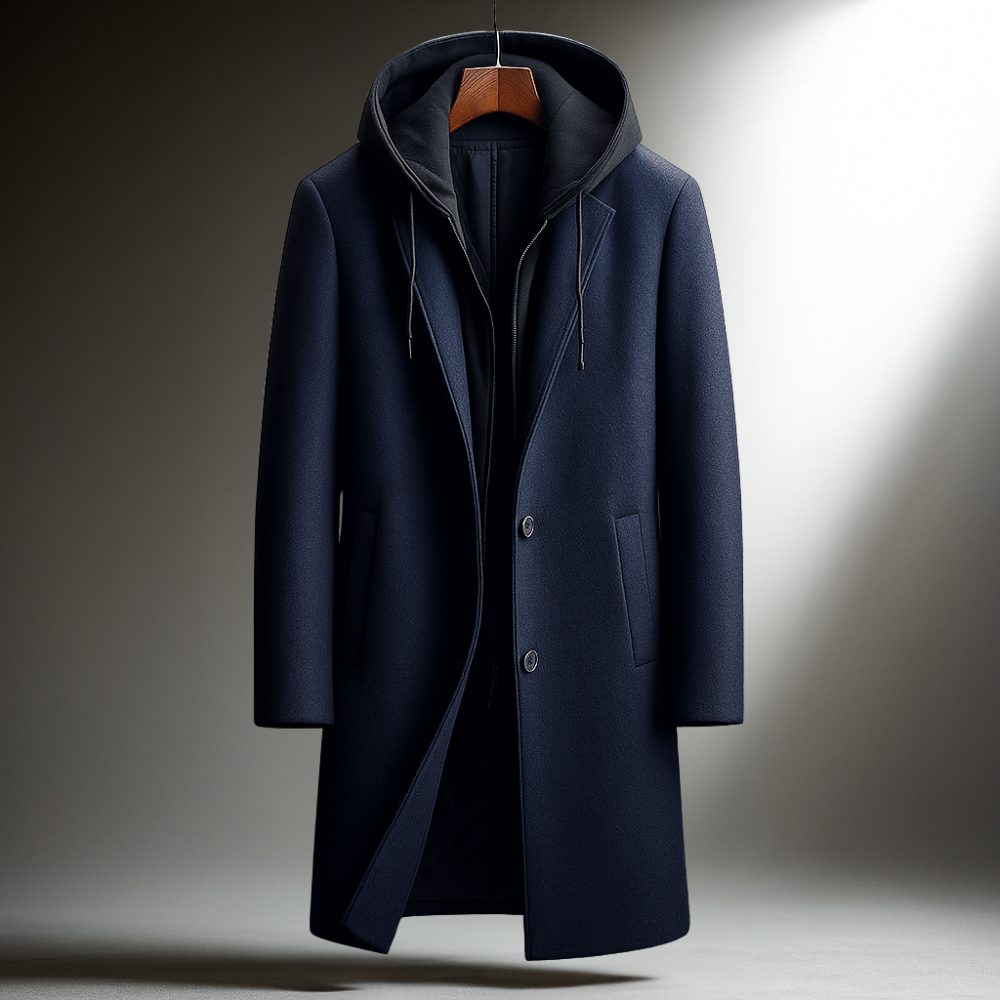Wool Overcoat with Hood and Full-Zip for Men