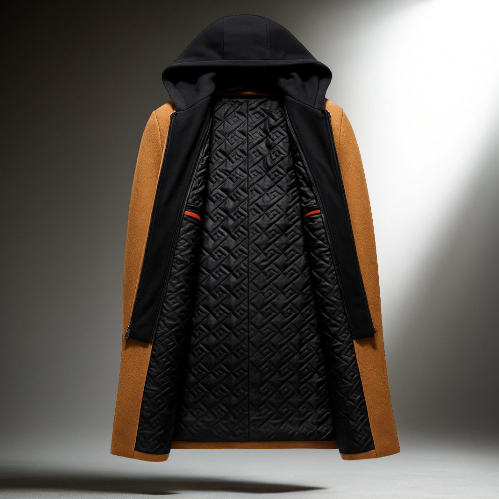 Wool Overcoat with Hood and Full-Zip for Men