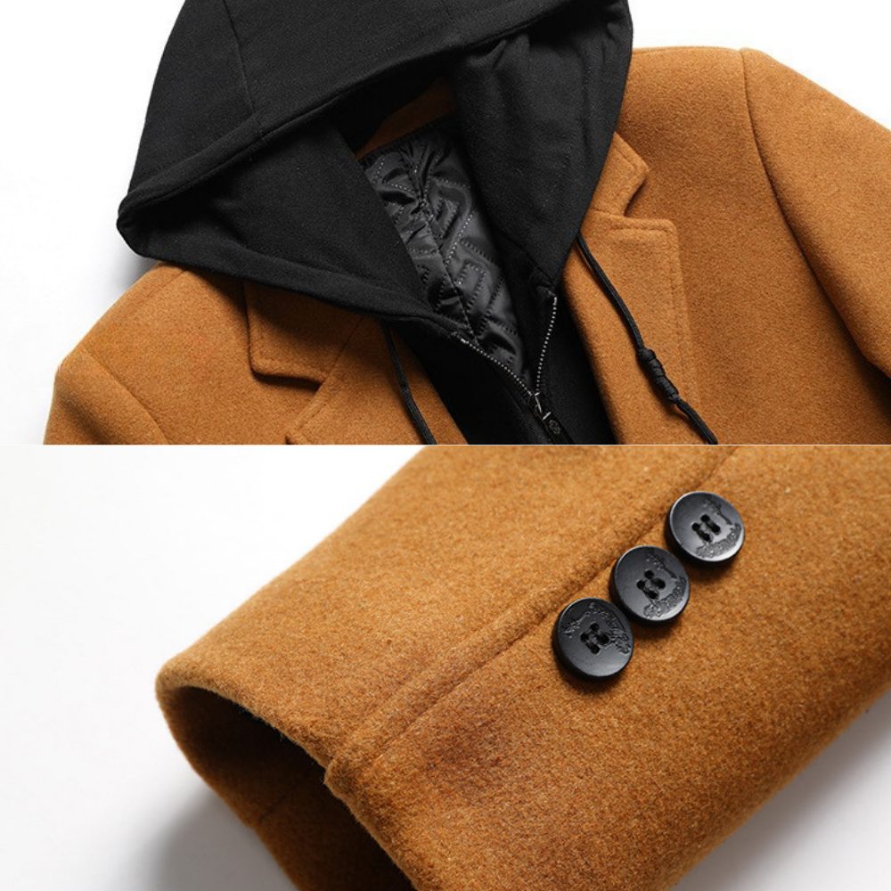 Wool Overcoat with Hood and Full-Zip for Men