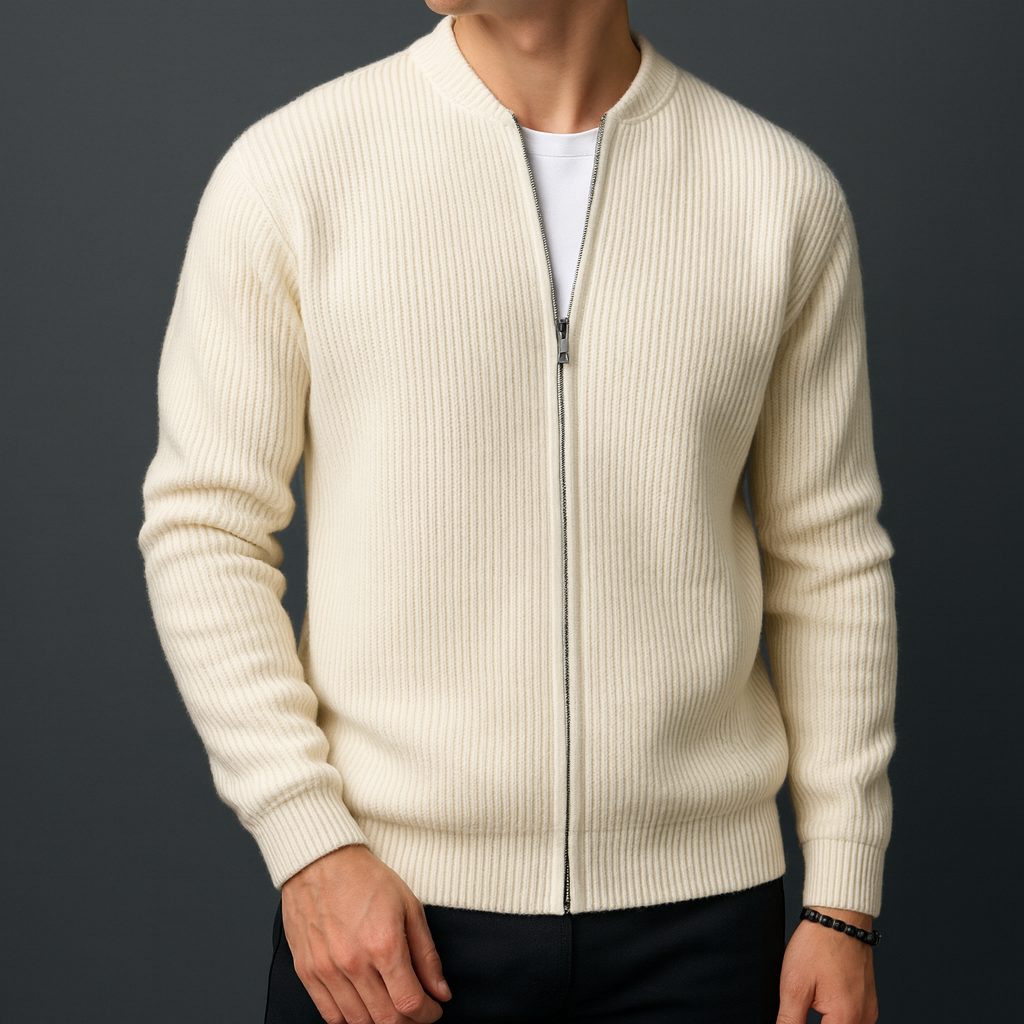 Wool Ribbed Knit Zip-Up Cardigan for Men