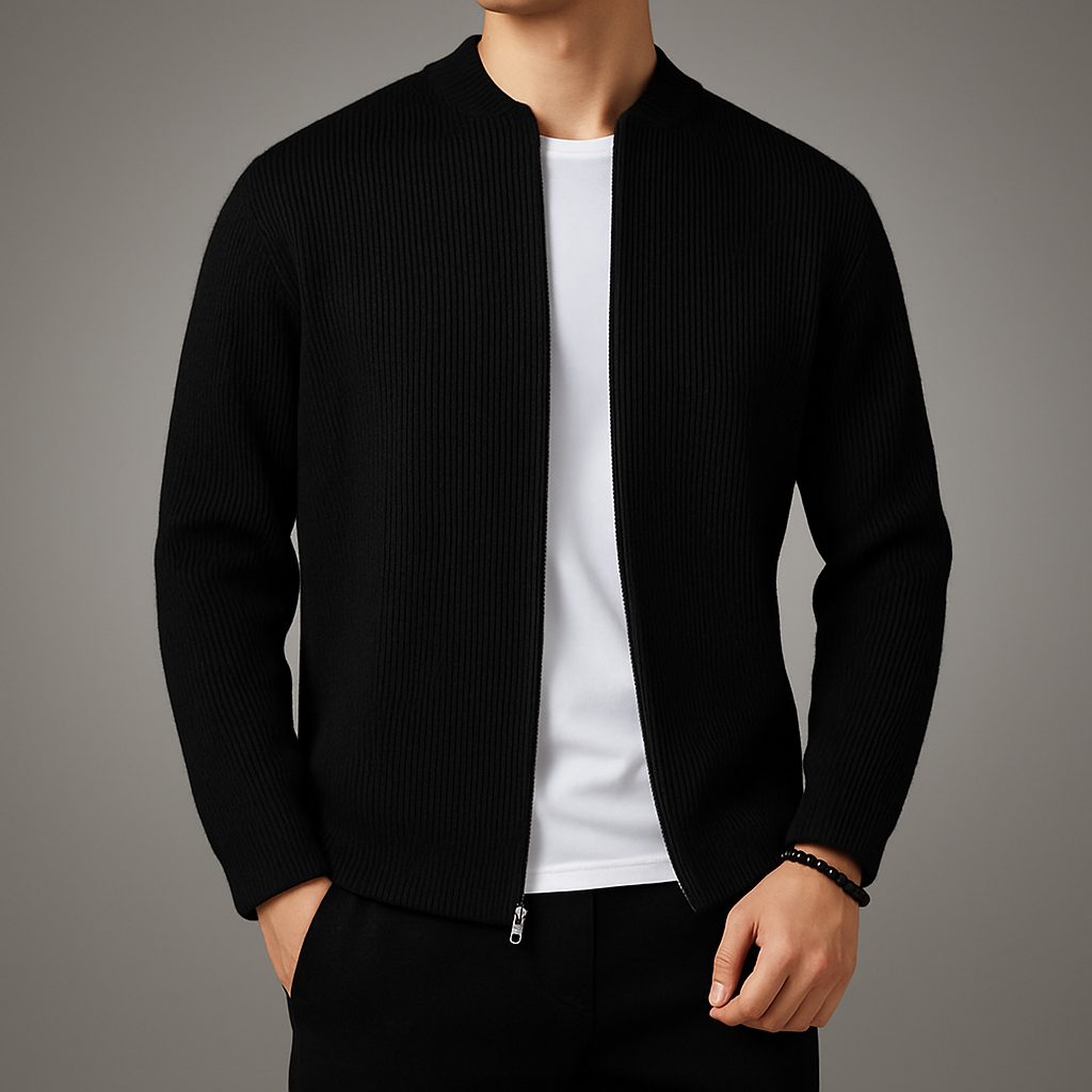 Wool Ribbed Knit Zip-Up Cardigan for Men