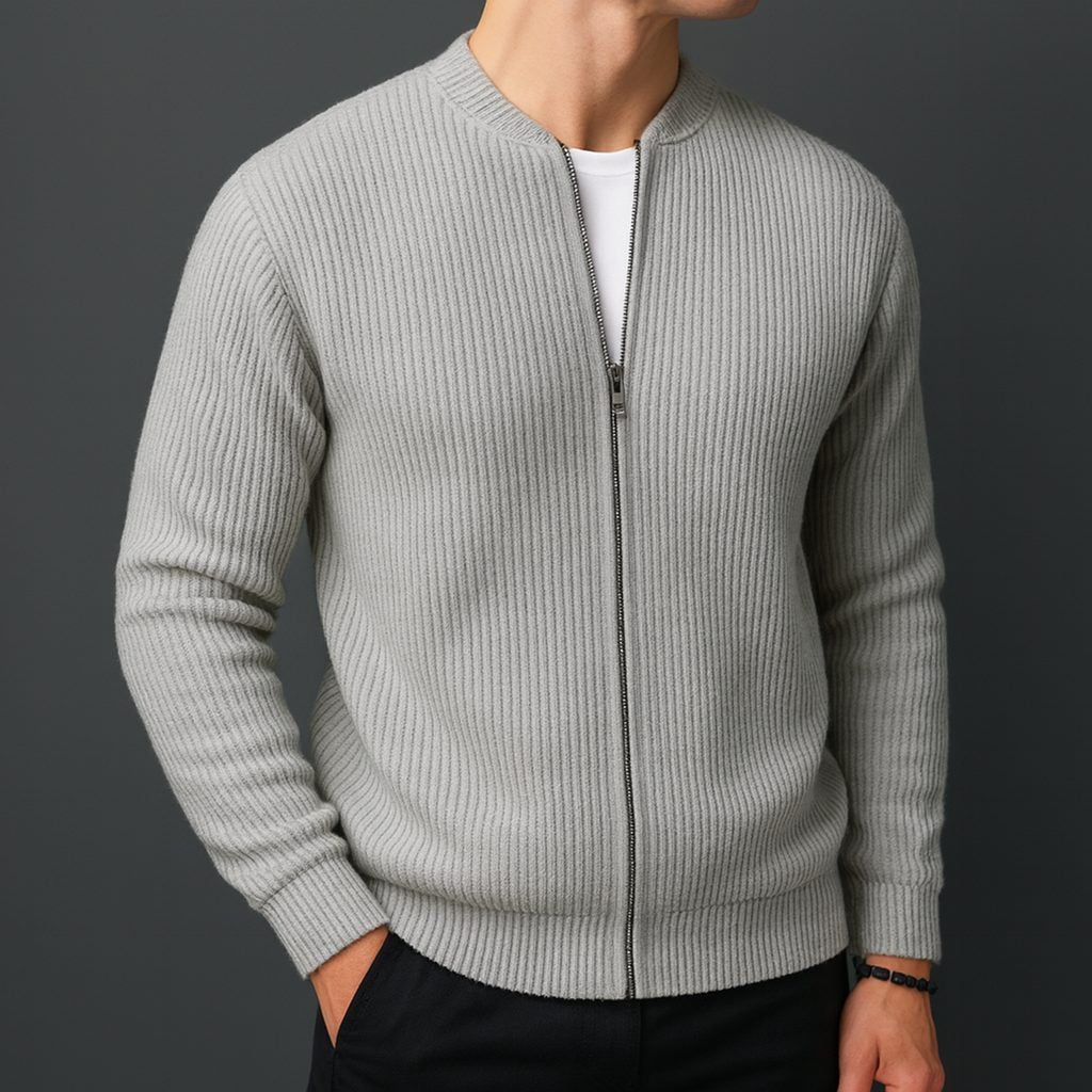 Wool Ribbed Knit Zip-Up Cardigan for Men