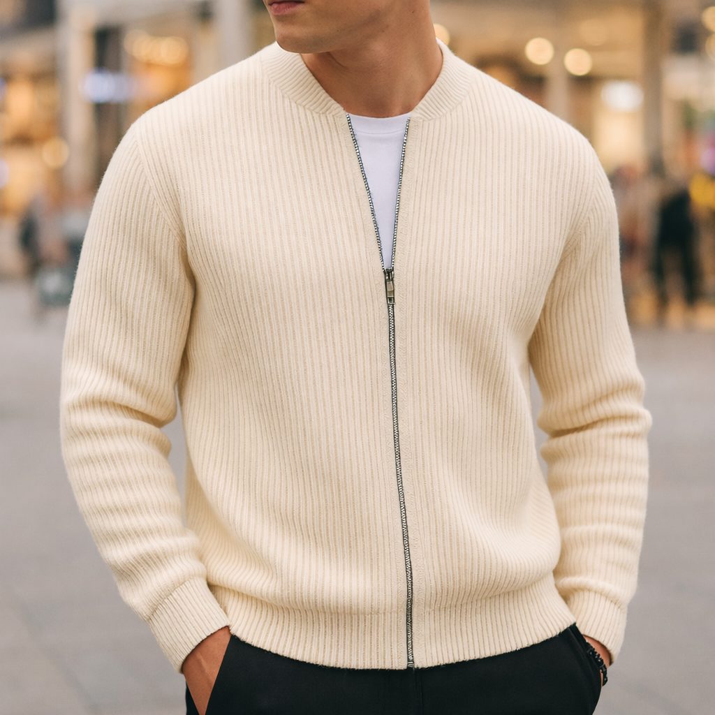 Wool Ribbed Knit Zip-Up Cardigan for Men