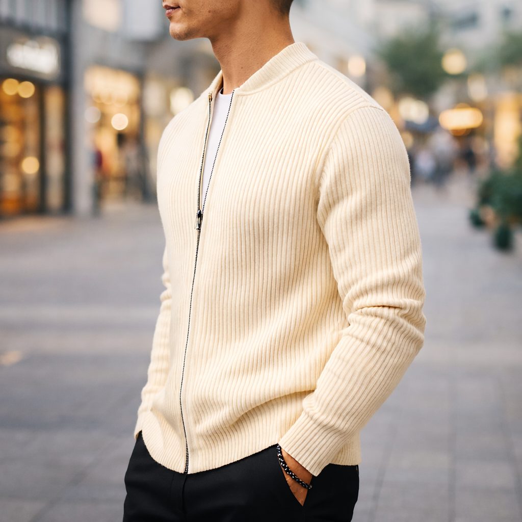 Wool Ribbed Knit Zip-Up Cardigan for Men