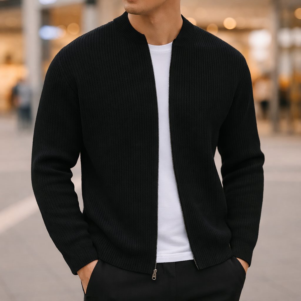Wool Ribbed Knit Zip-Up Cardigan for Men