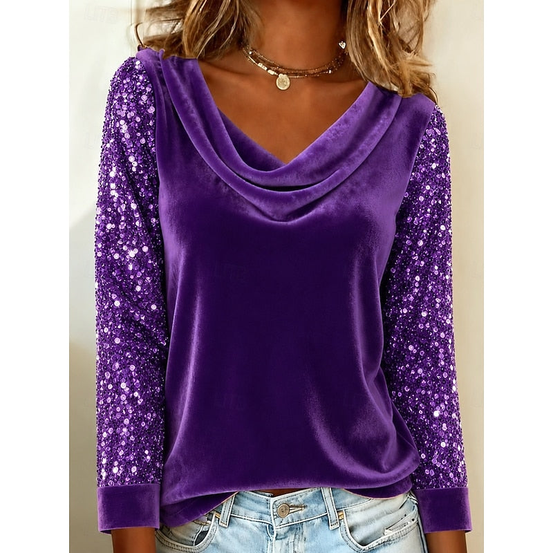 Women's Cowl Neck Top with Sequin Sleeves