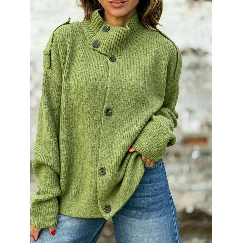 Diane | Button-Front Stand Collar Ribbed Knit Cardigan
