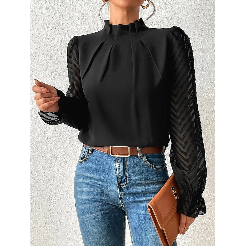 Women's High-Neck Blouse with Textured Sleeves