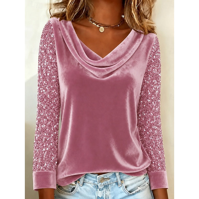 Women's Cowl Neck Top with Sequin Sleeves