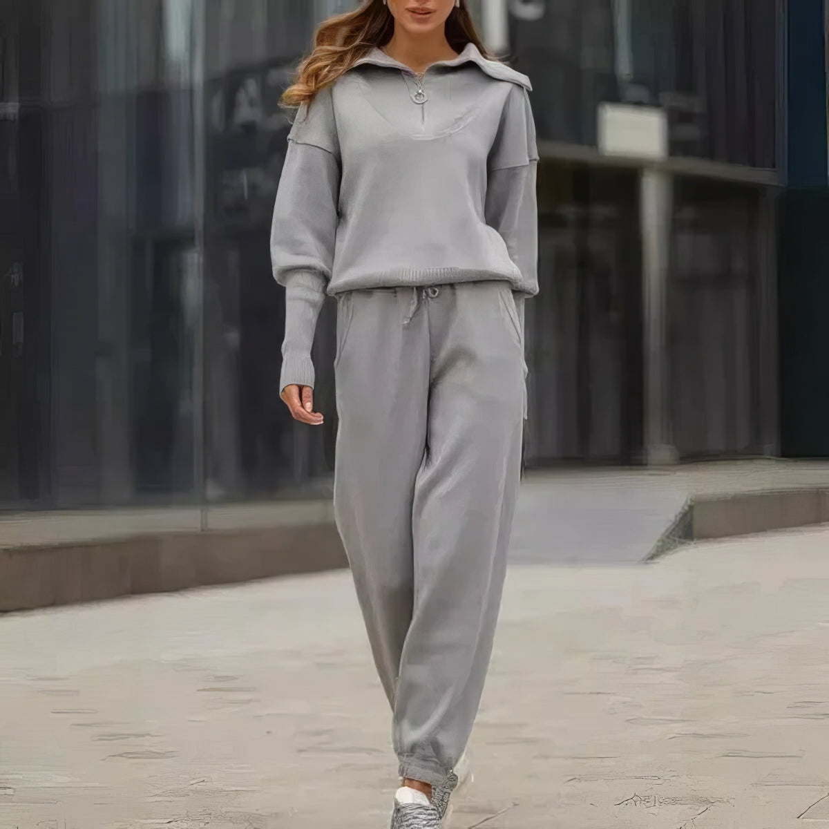 Women's Ribbed Two-Piece Lounge Set with Zip Detail