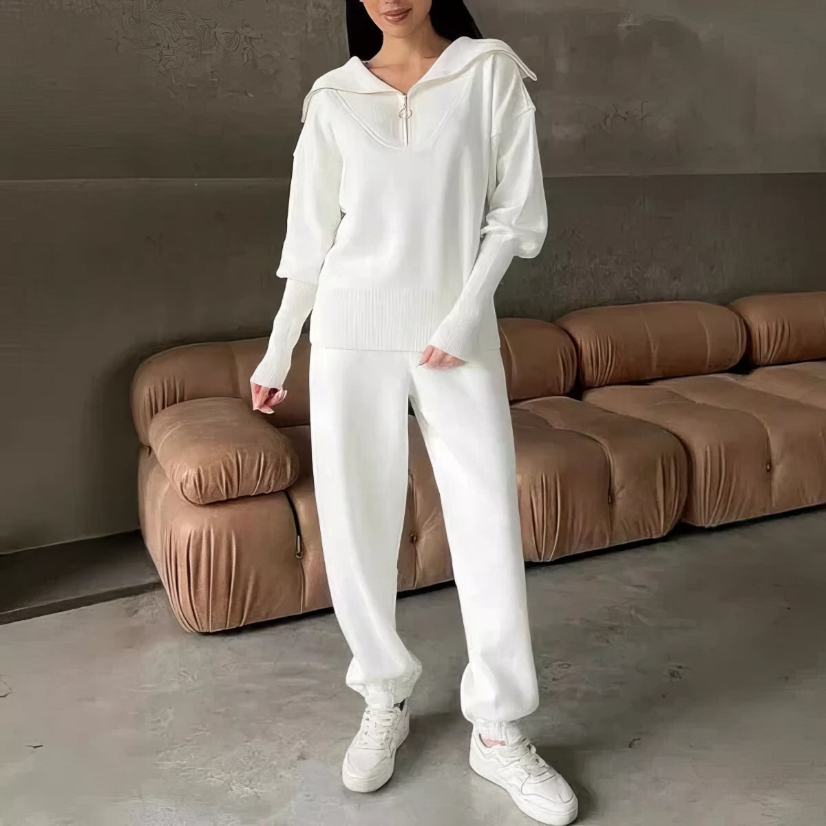Women's Ribbed Two-Piece Lounge Set with Zip Detail