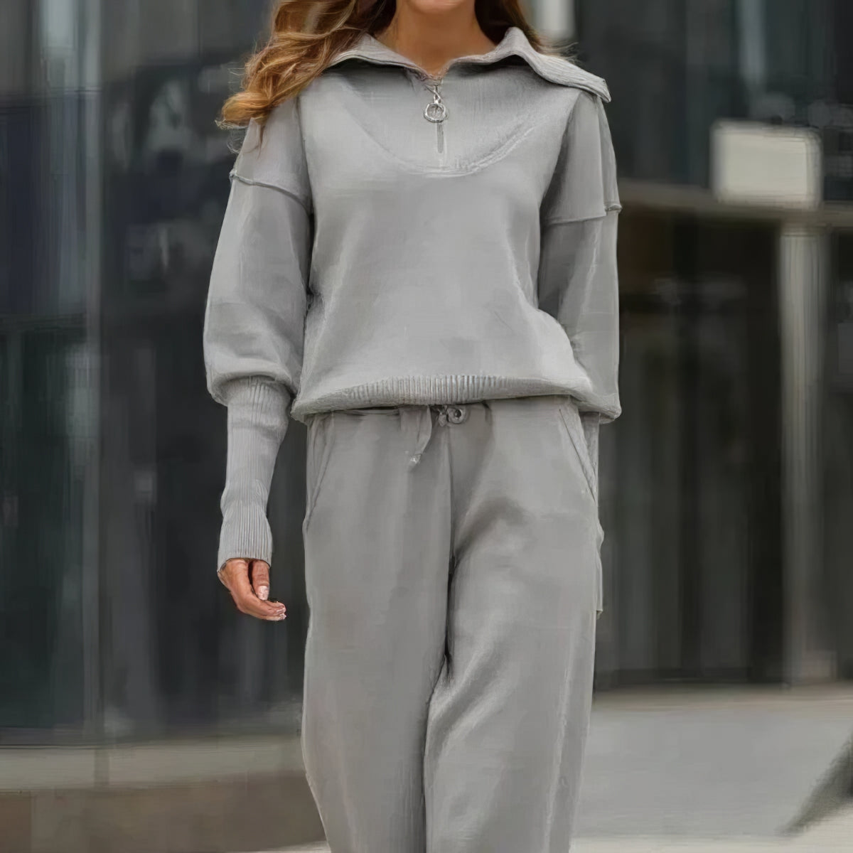 Women's Ribbed Two-Piece Lounge Set with Zip Detail