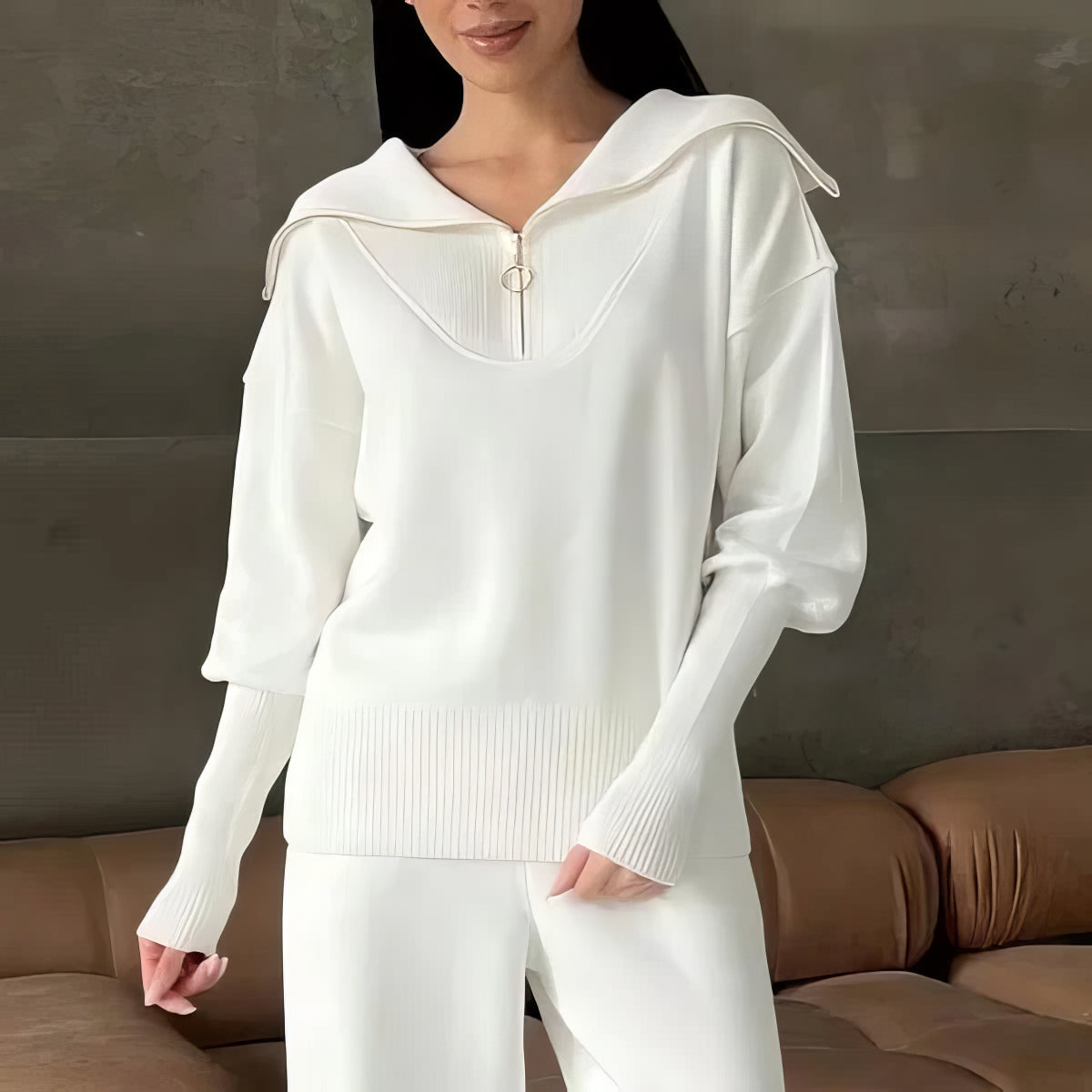 Women's Ribbed Two-Piece Lounge Set with Zip Detail