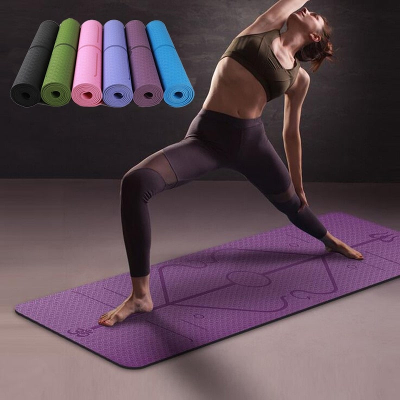 Non Slip Tpe Yoga Mat with Body Alignment Lines and 6mm Thick Cushioning