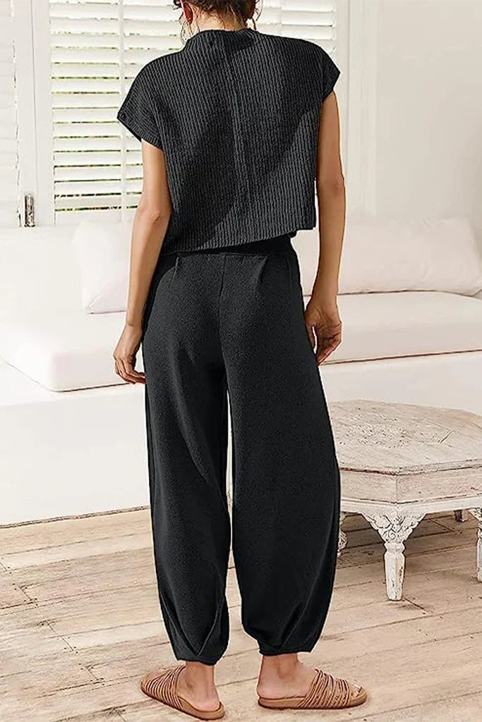 Women's Ribbed Knit Short-Sleeve Top and Wide-Leg Trousers Set – Relaxed Casual Co-Ord for Everyday Wear