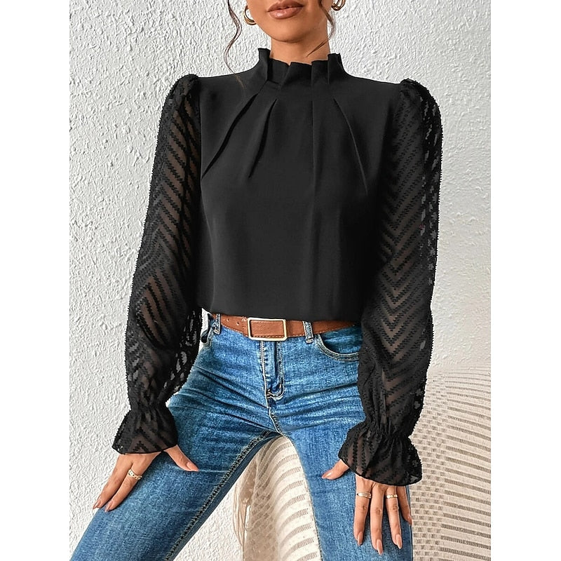 Women's High-Neck Blouse with Textured Sleeves