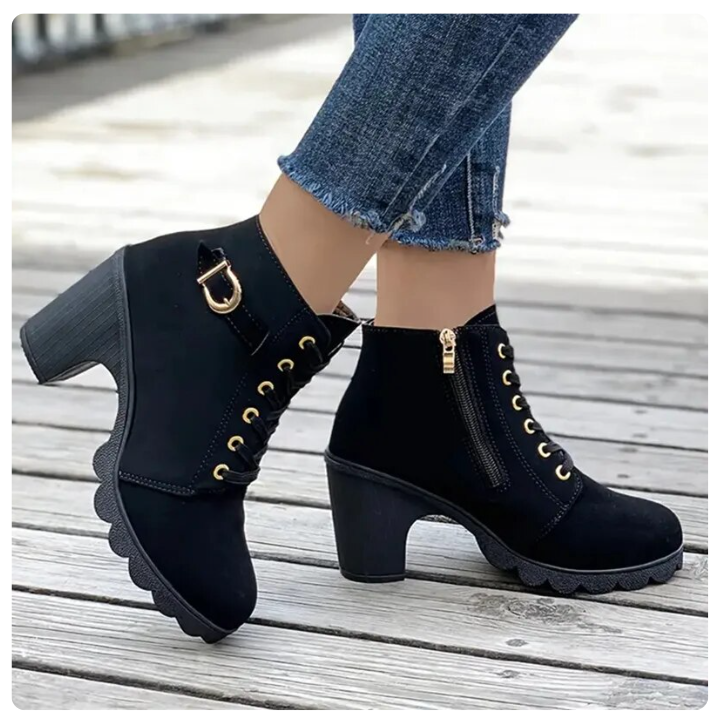 Women's Lace-Up Ankle Boots with Block Heel and Side Zip
