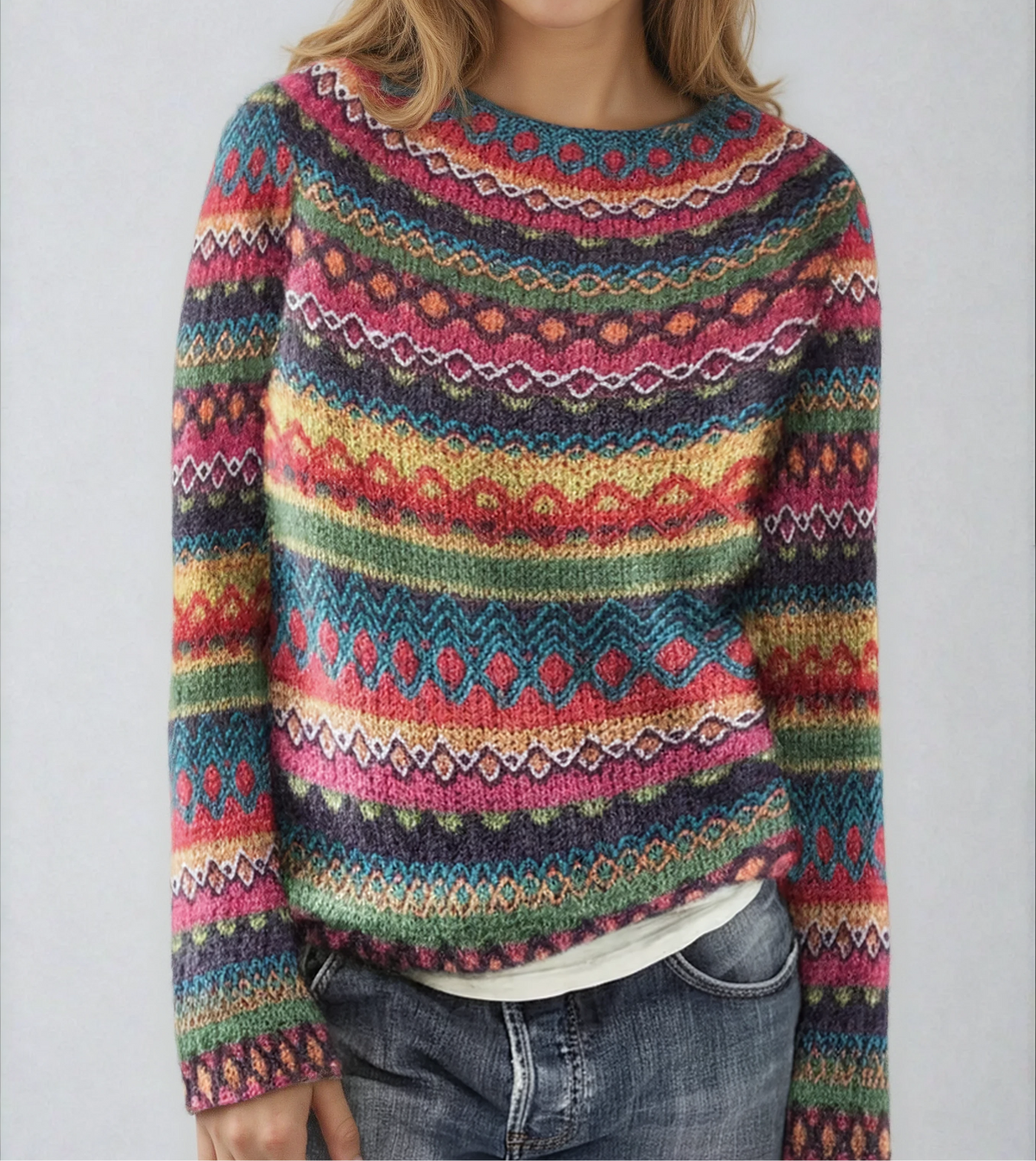 Women's Fair Isle Knitted Sweater – Relaxed Crew Neck Nordic Pattern Pullover for Autumn and Winter
