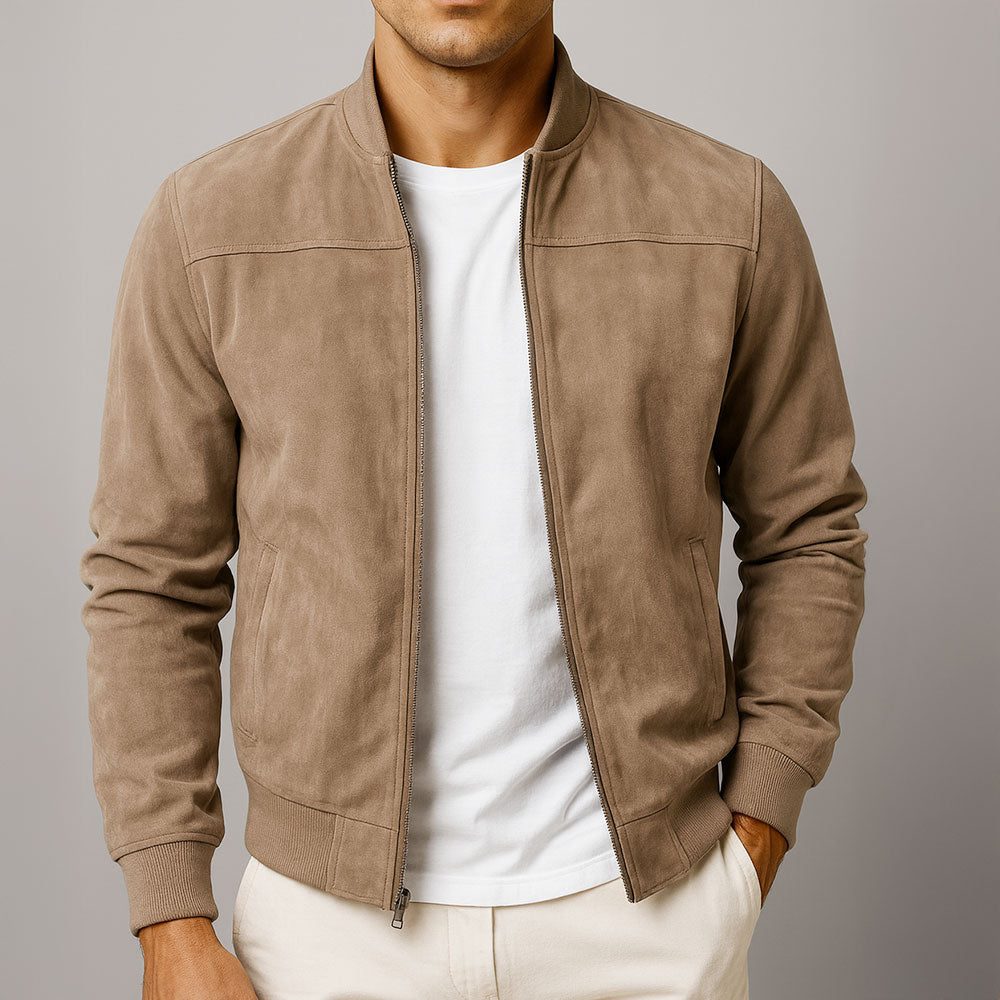 Zip-Up Faux Suede Bomber Jacket for Men