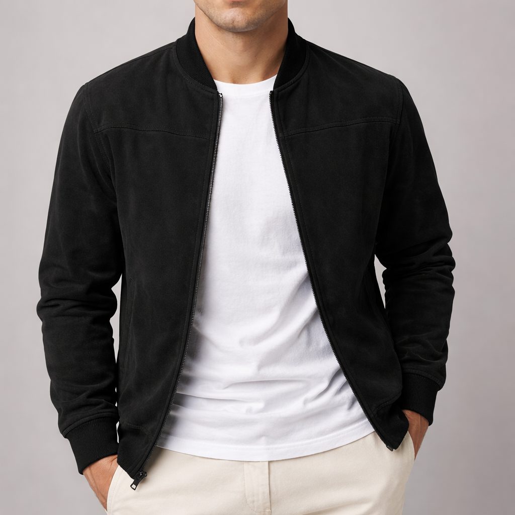 Zip-Up Faux Suede Bomber Jacket for Men