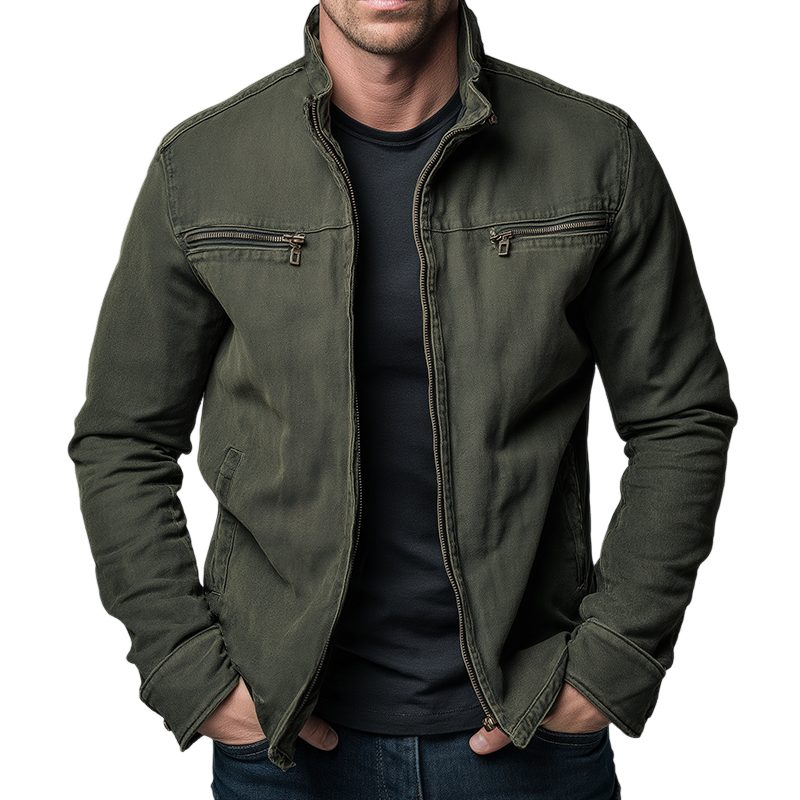 Zip-Up Stand Collar Cotton Jacket for Men