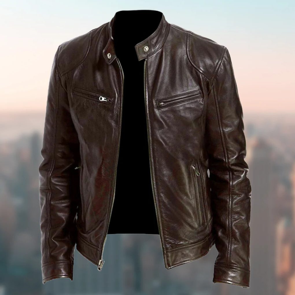 Zip-Up Stand Collar Leather Jacket for Men