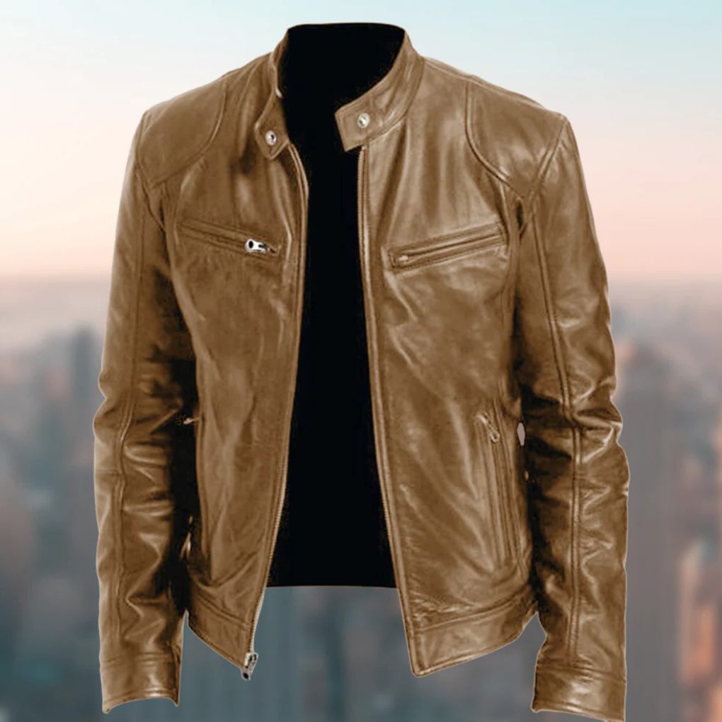 Zip-Up Stand Collar Leather Jacket for Men