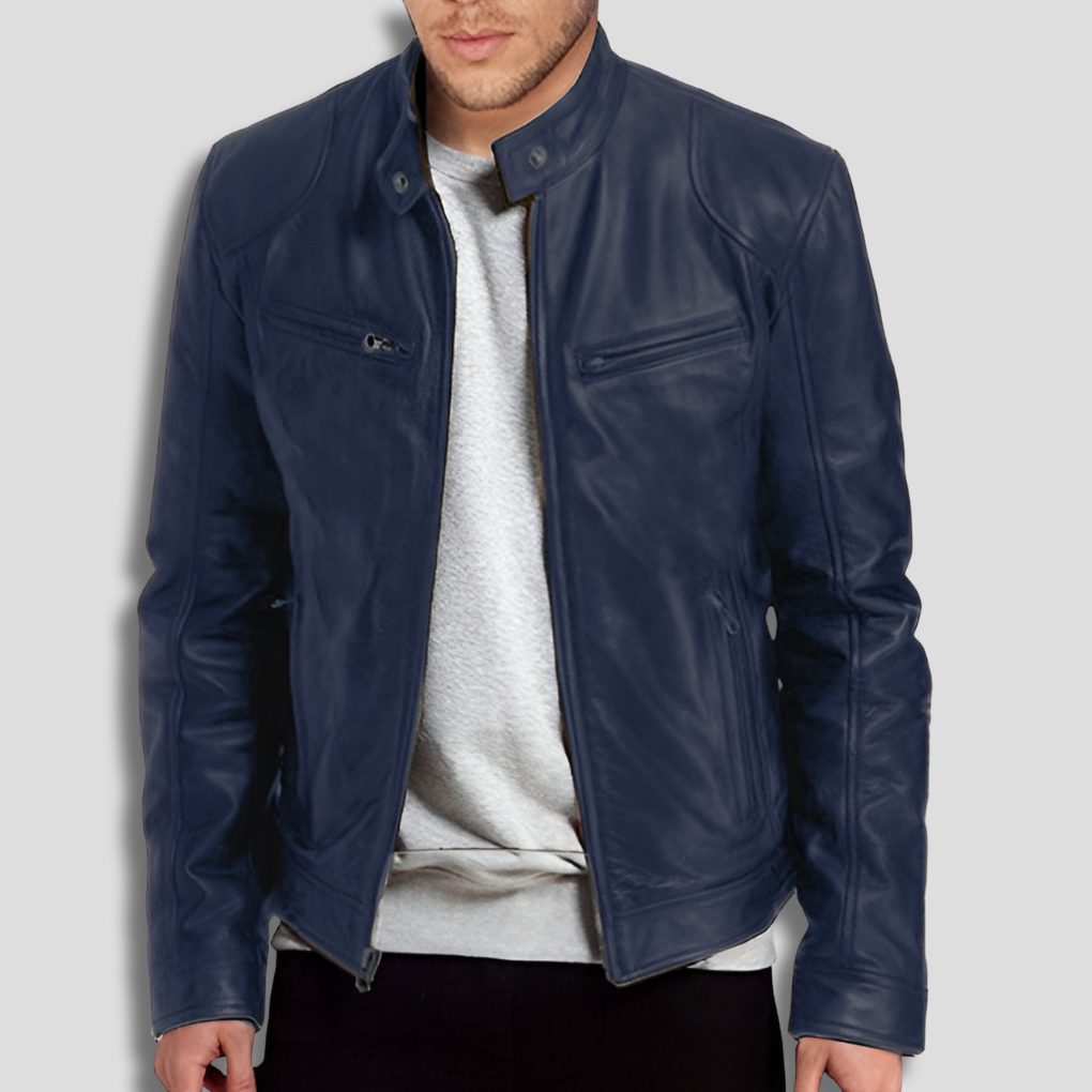 Zip-Up Stand Collar Leather Jacket for Men