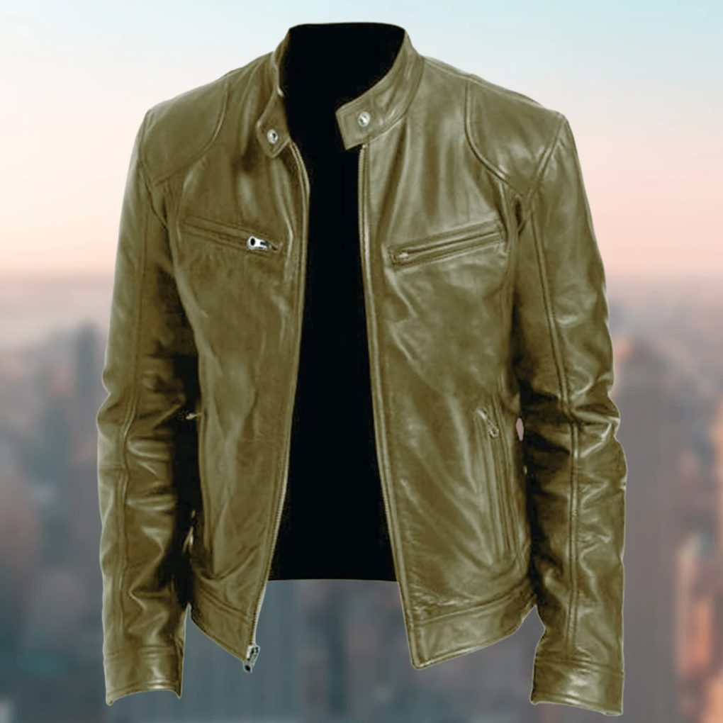 Zip-Up Stand Collar Leather Jacket for Men