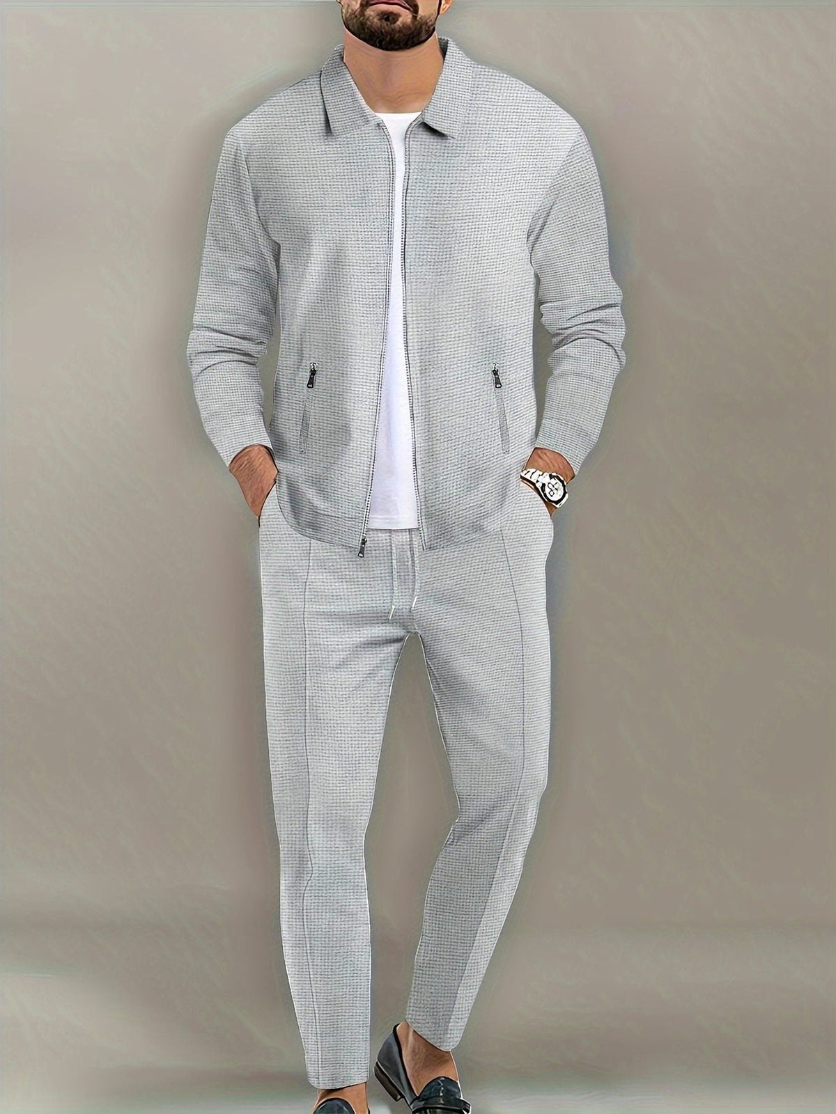 Zip-Up Textured Jogger Set for Men