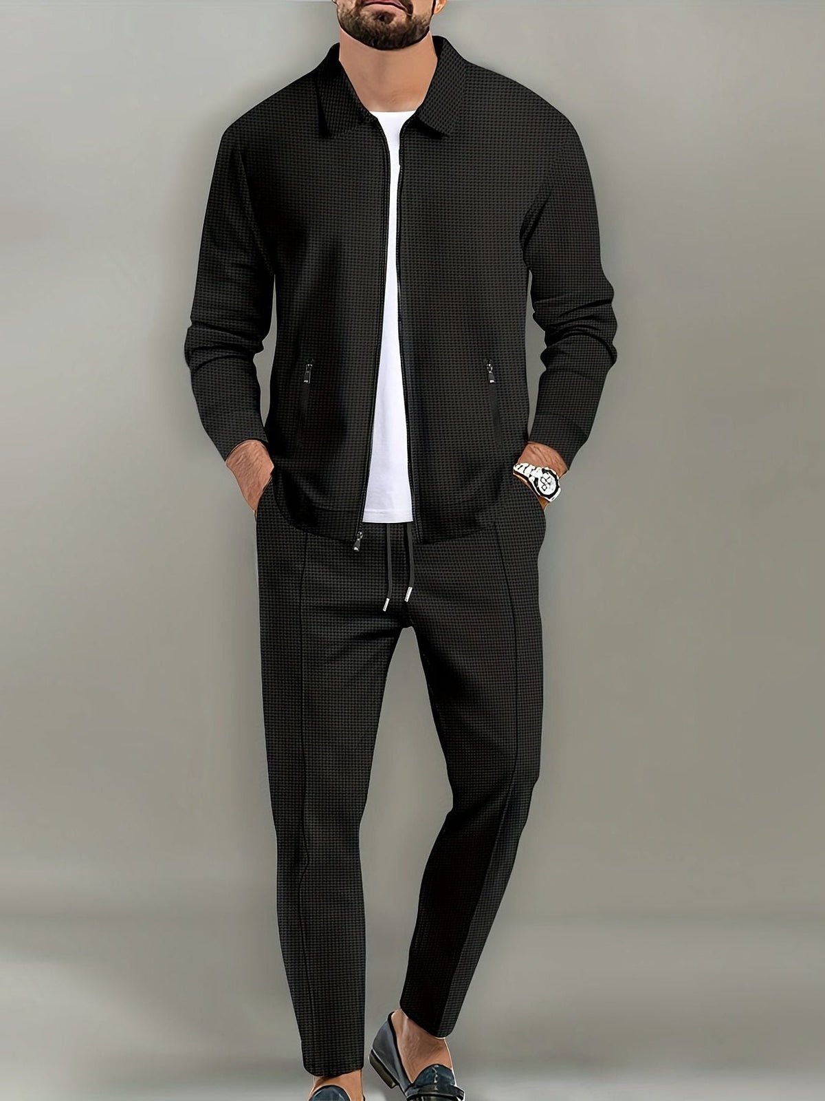 Zip-Up Textured Jogger Set for Men