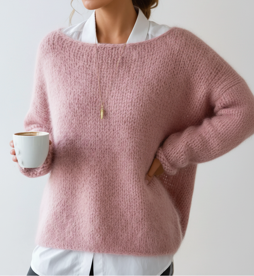 Women's Fluffy Oversized Knit Sweater – Soft Textured Wide Neck Pullover with Relaxed Long Sleeves for Autumn and Winter