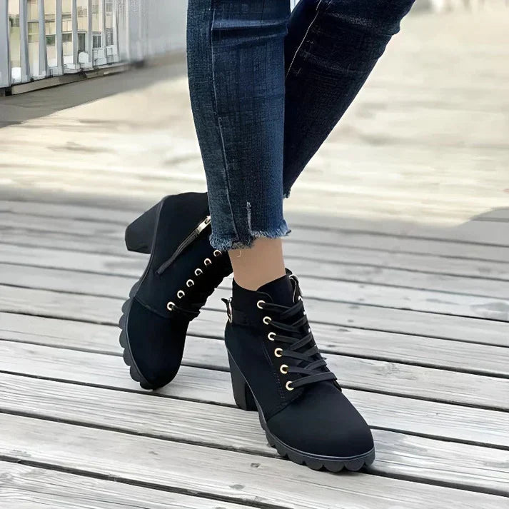 Women's Lace-Up Ankle Boots with Block Heel and Side Zip