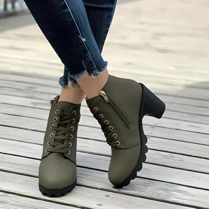 Women's Lace-Up Ankle Boots with Block Heel and Side Zip