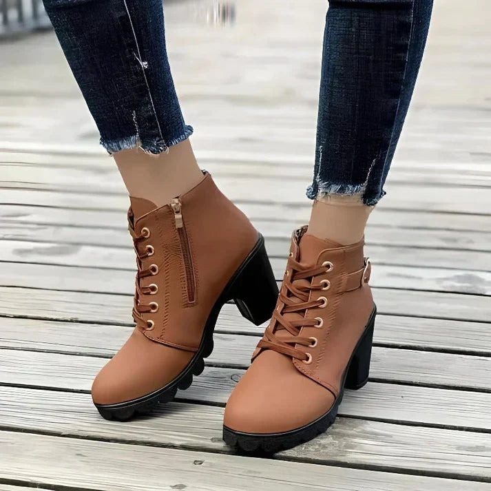 Women's Lace-Up Ankle Boots with Block Heel and Side Zip