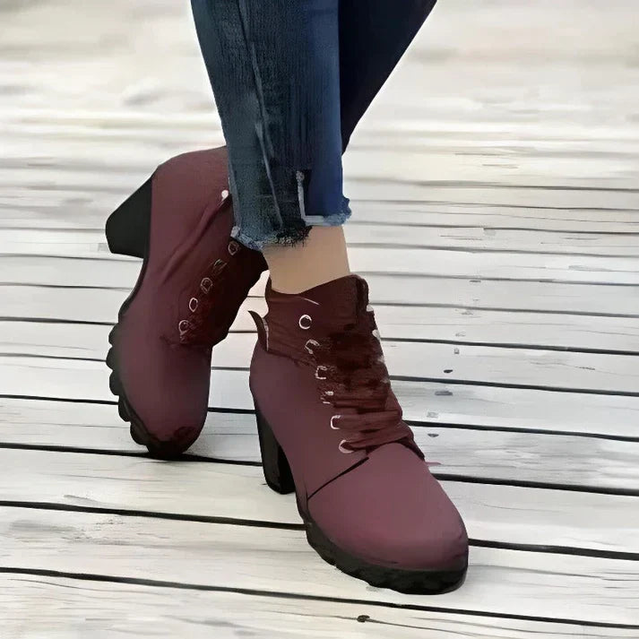 Women's Lace-Up Ankle Boots with Block Heel and Side Zip