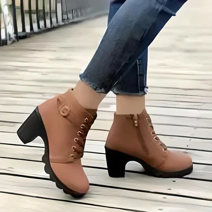 Women's Lace-Up Ankle Boots with Block Heel and Side Zip