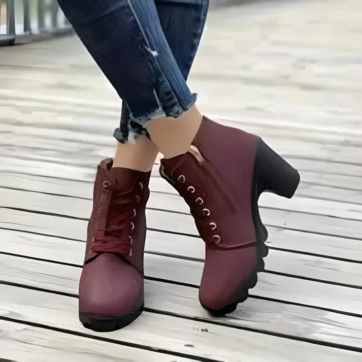 Women's Lace-Up Ankle Boots with Block Heel and Side Zip