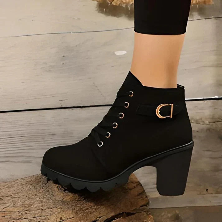 Women's Lace-Up Ankle Boots with Block Heel and Side Zip