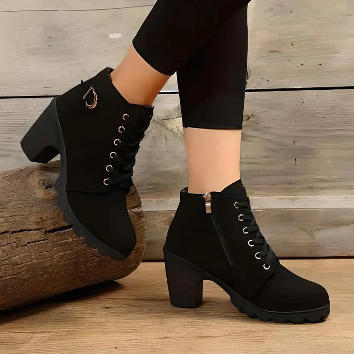 Women's Lace-Up Ankle Boots with Block Heel and Side Zip